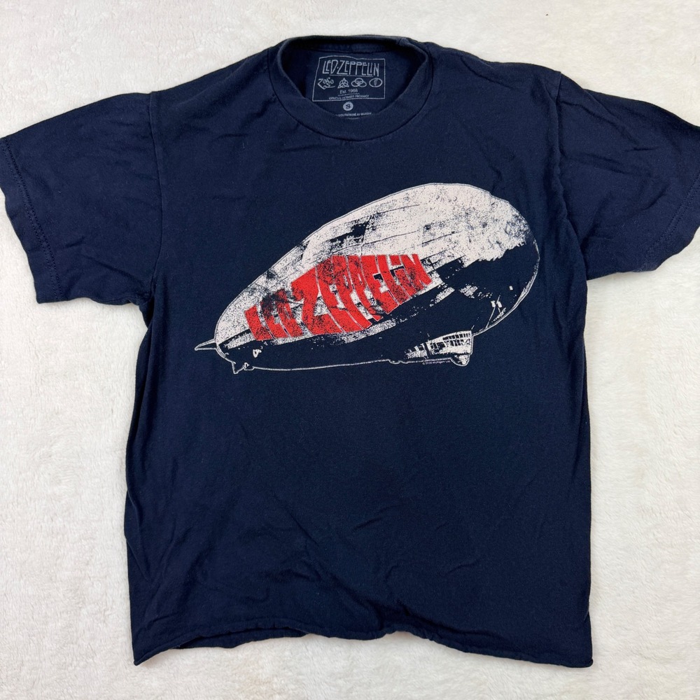 Led Zeppelin Hindenburg Blimp Graphic T-Shirt Navy Blue Small Rock Band Tee